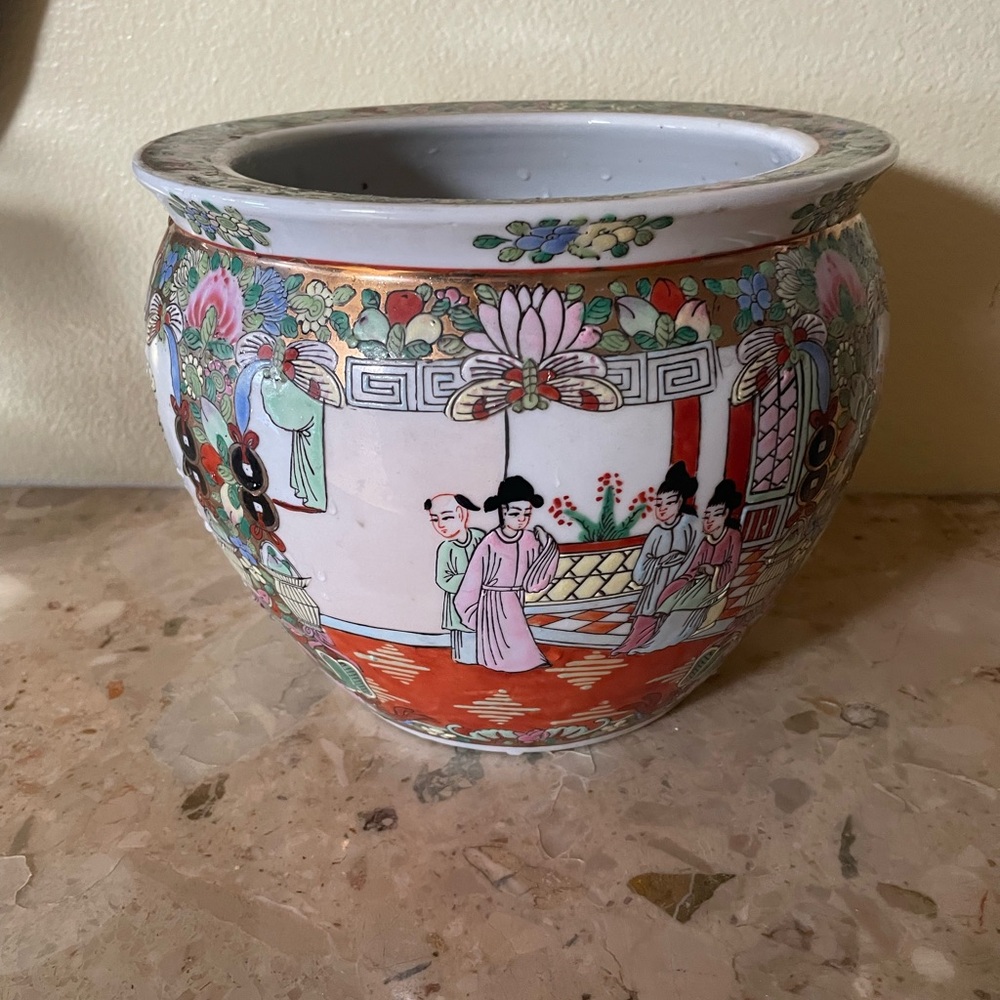 Intricate Red and Green Ceramics with Traditional East Asian Scene bowl